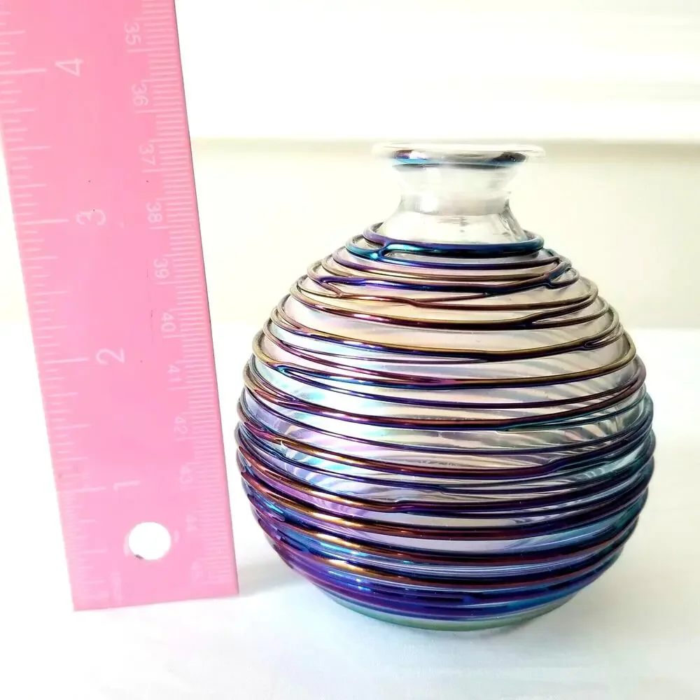 VTG Art Blown Glass Bottle Bud Vase Blue Copper Purple Iridescent Heavy Small